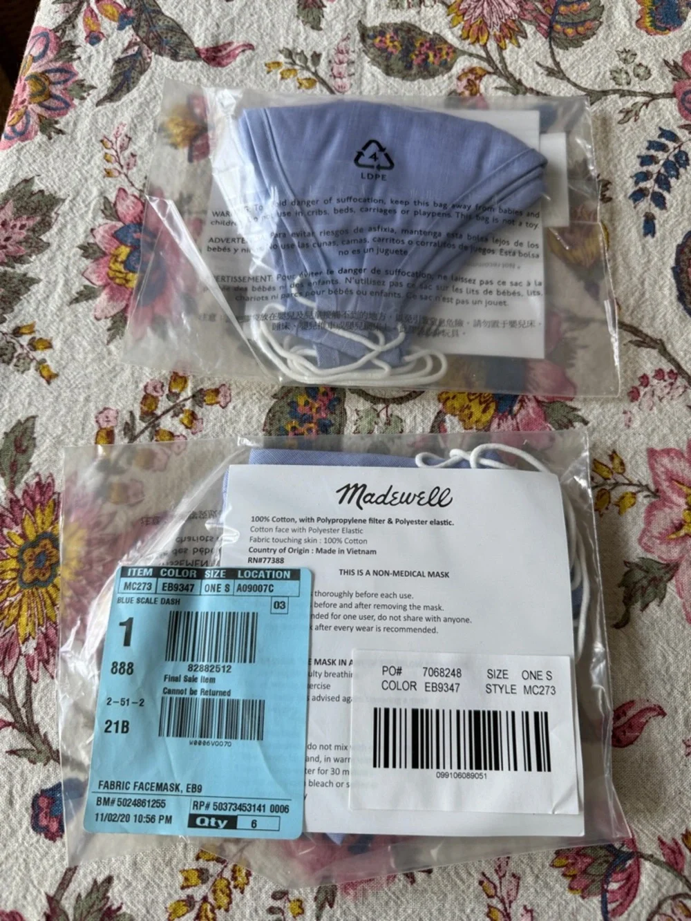 2 packs of 3  Madewell fabric Face Mask